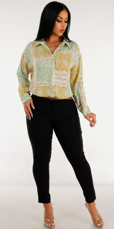 Belted Black Mid Rise Dressy Skinny Pants with Long Sleeve Button Up Floral Sage Shirt sold by Moda
