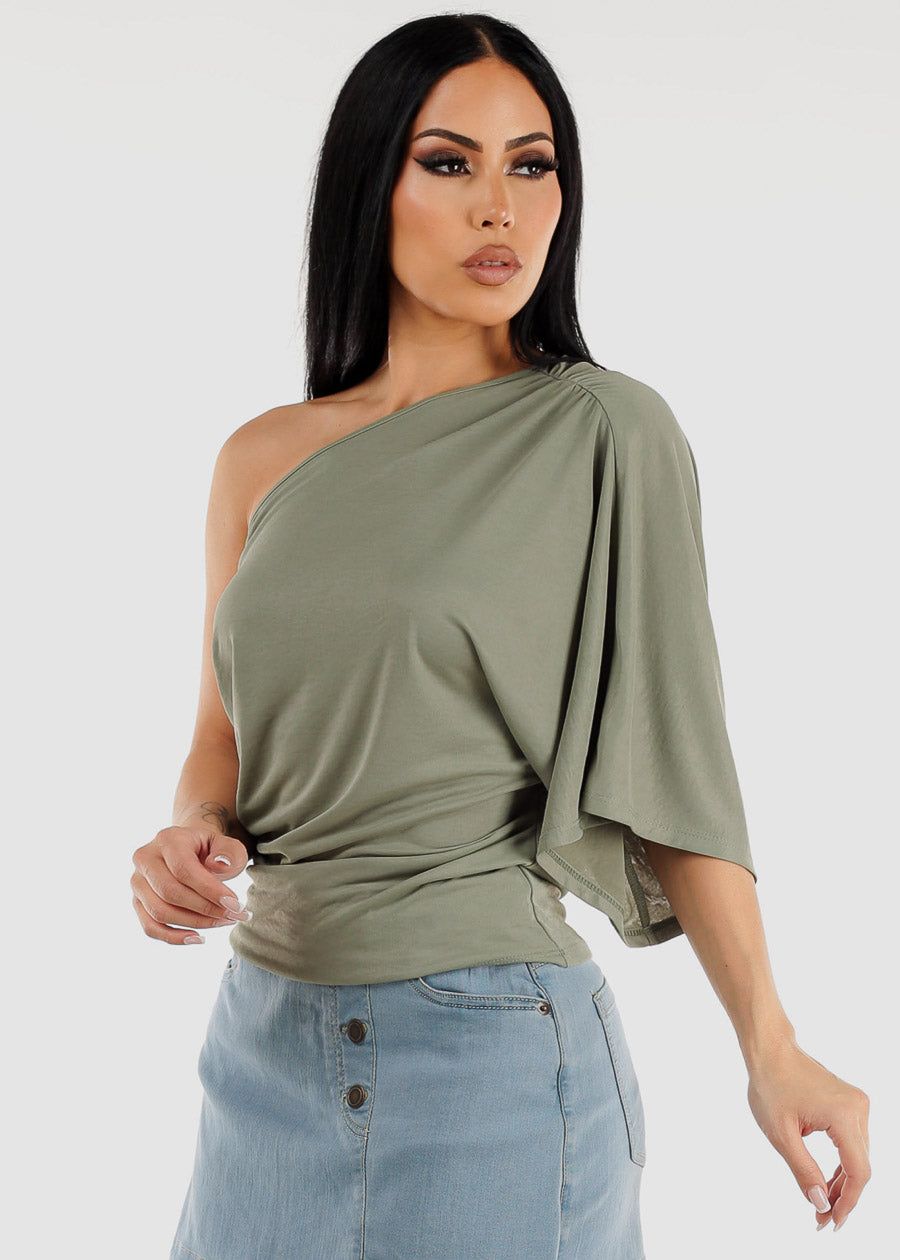 One Shoulder Sage Stretchy Blouse sold by Moda