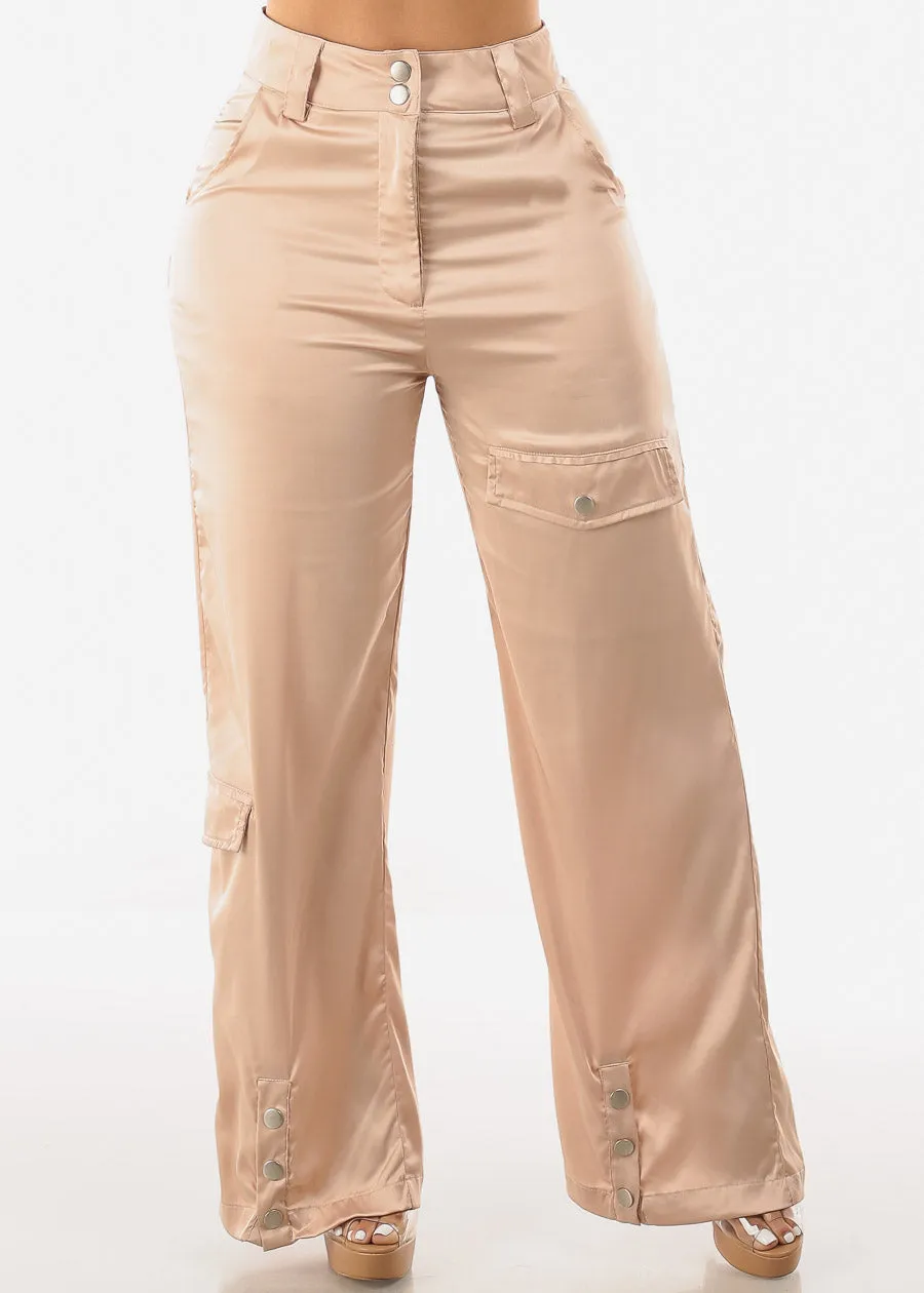 High Waist Wide Leg Satin Cargo Pants Champagne sold by Moda