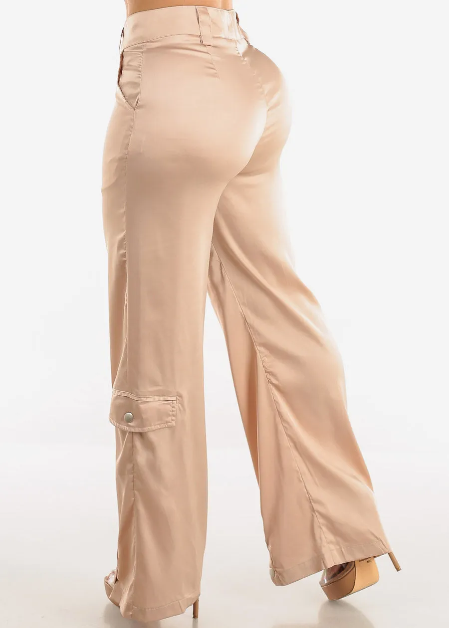 High Waist Wide Leg Satin Cargo Pants Champagne sold by Moda product image thumbnail 4