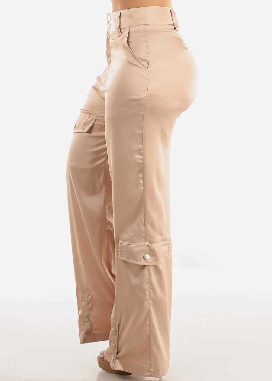 High Waist Wide Leg Satin Cargo Pants Champagne sold by Moda product image thumbnail 3