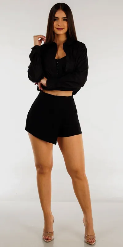 Black High Rise Wrapped Mini Skort with Black Double Layered Bustier Shirt sold by Moda