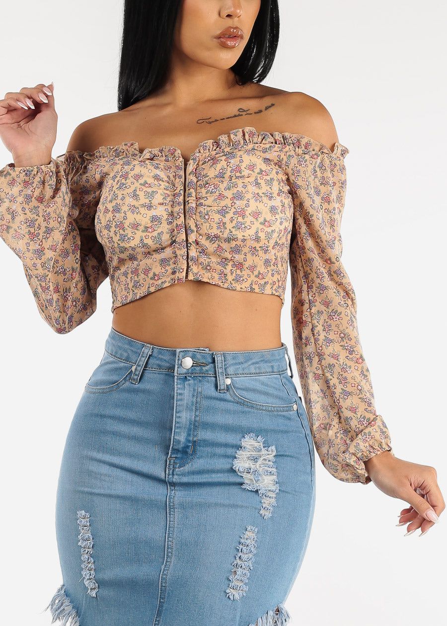 Off Shoulder Long Sleeve Floral Cropped Blouse Taupe sold by Moda product image thumbnail 3