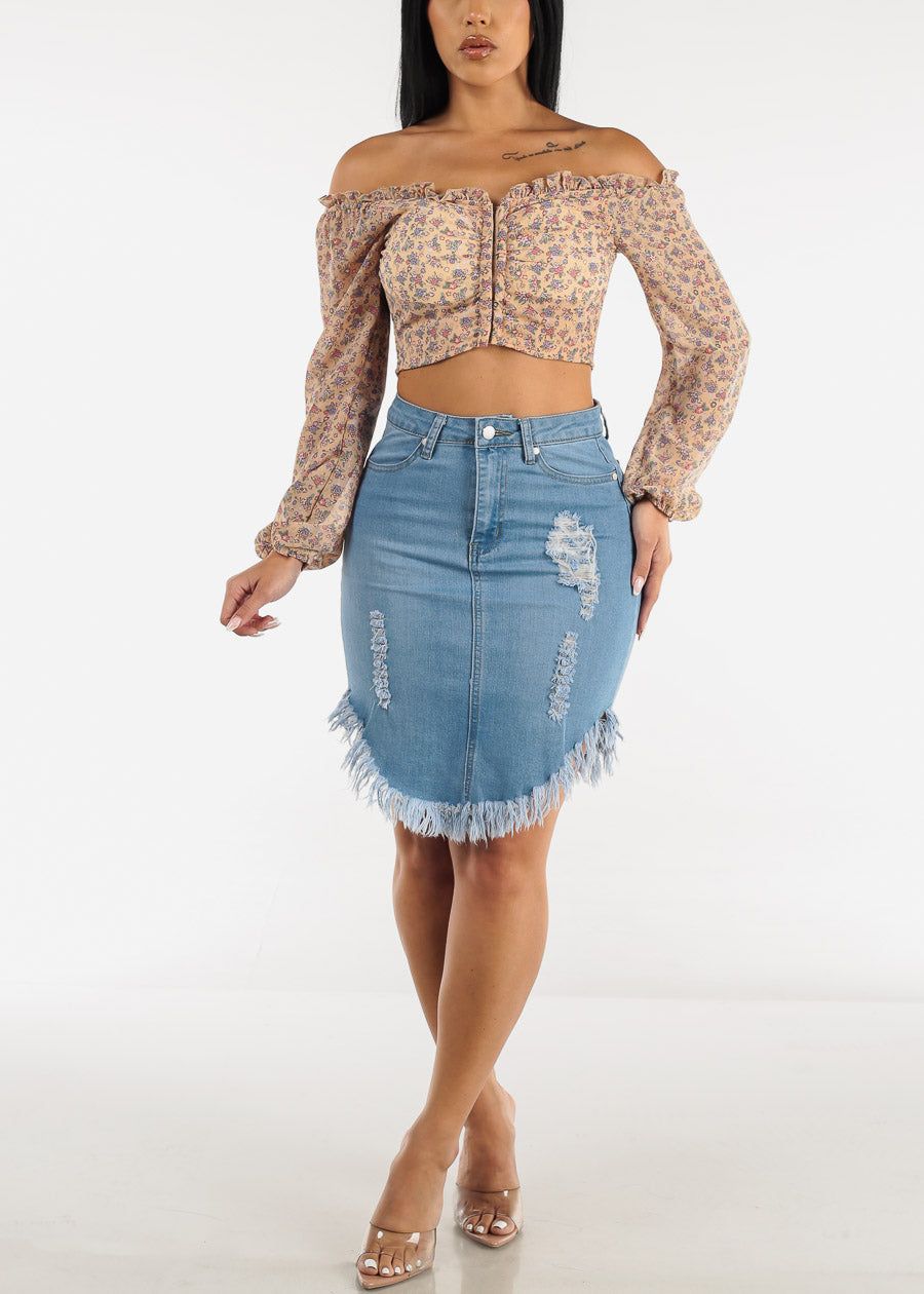Off Shoulder Long Sleeve Floral Cropped Blouse Taupe sold by Moda product image thumbnail 4