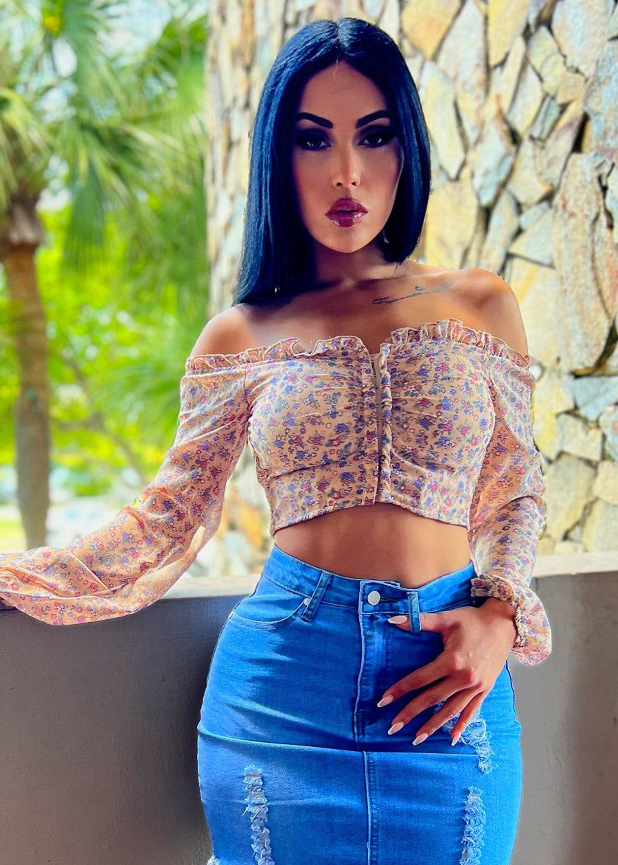 Off Shoulder Long Sleeve Floral Cropped Blouse Taupe sold by Moda