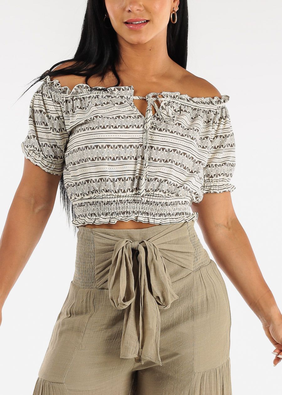 Off Shoulder Geo Print Crop Top Beige sold by Moda