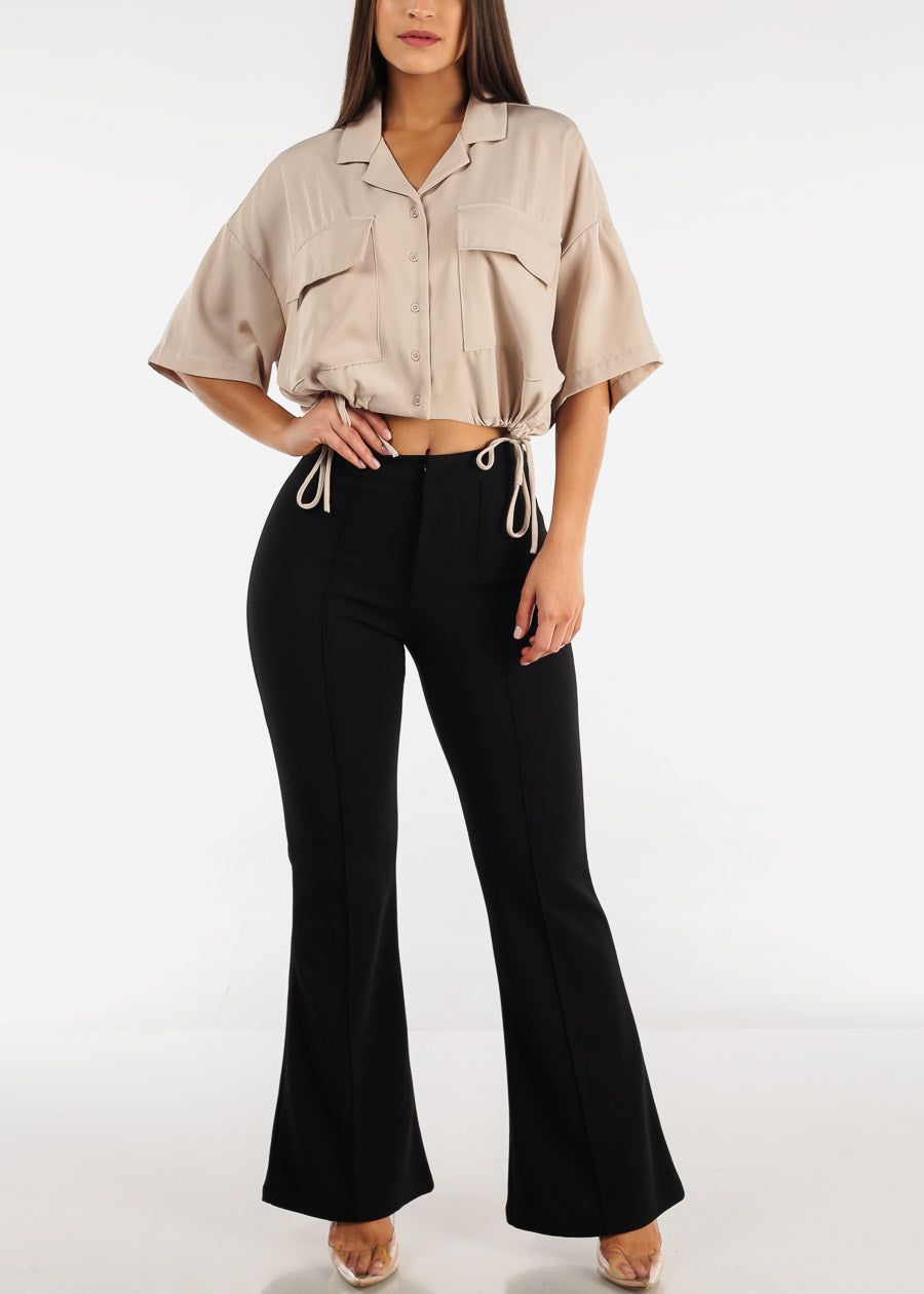 Short Sleeve Button Up Cropped Shirt Taupe sold by Moda product image thumbnail 2