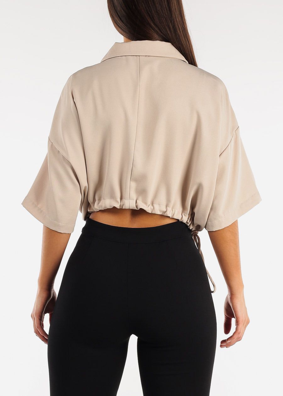 Short Sleeve Button Up Cropped Shirt Taupe sold by Moda product image thumbnail 4
