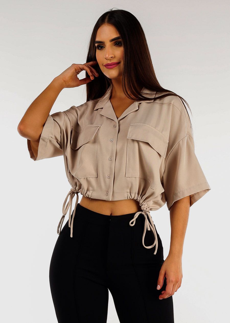 Short Sleeve Button Up Cropped Shirt Taupe sold by Moda
