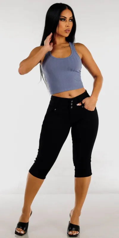 Black Butt Lifting Denim Capris with Blue Racerback Crop Top sold by Moda