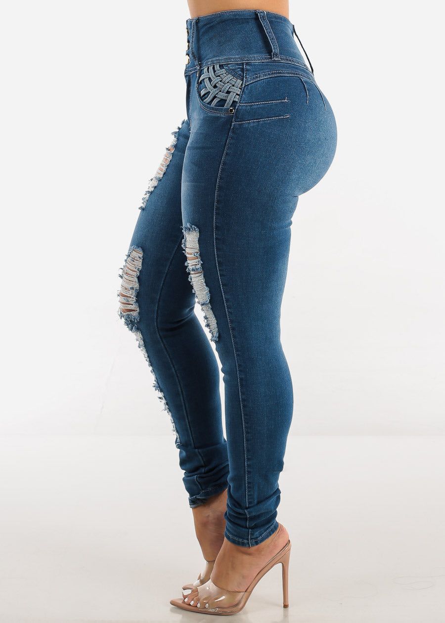 Super High Waist Distressed Butt Lift Skinny Jeans sold by Moda
