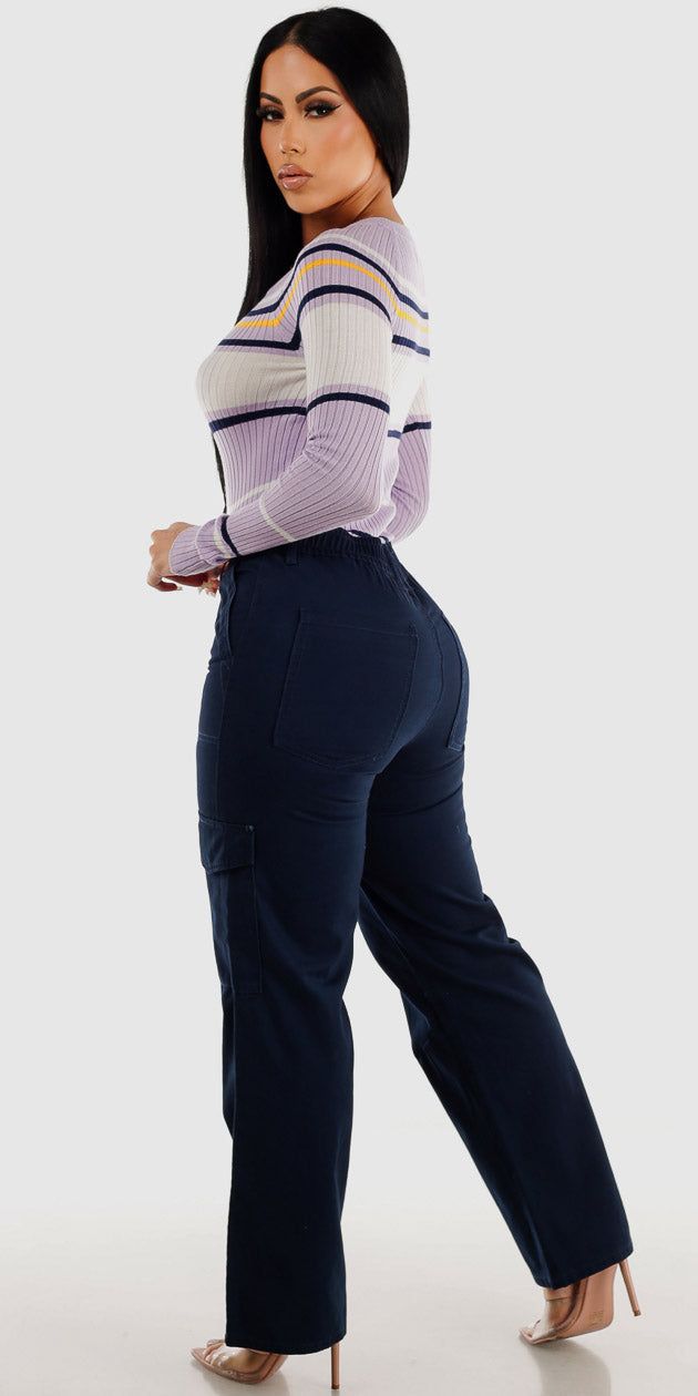 Navy Wide Legged Cotton Cargo Pants with Lilac Long Sleeve Stripe Sweater sold by Moda product image thumbnail 2