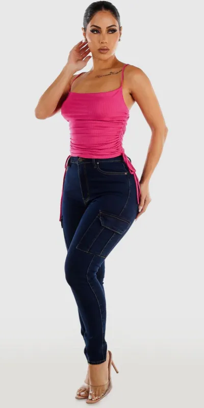 High Waisted Dark Blue Dark Cargo Skinny Jeans with Hot Pink Sleeveless Ruched Sides Top sold by Moda