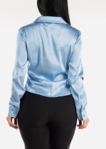Long Sleeve Button Satin Blouse Light Blue w Ruched Front sold by Moda