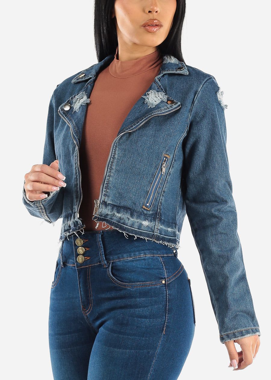 Distressed Zip Up Blue Moto Denim Jacket sold by Moda