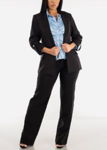 Long Sleeve Button Satin Blouse Light Blue w Ruched Front sold by Moda