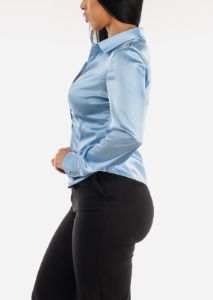 Long Sleeve Button Satin Blouse Light Blue w Ruched Front sold by Moda