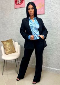 Long Sleeve Button Satin Blouse Light Blue w Ruched Front sold by Moda