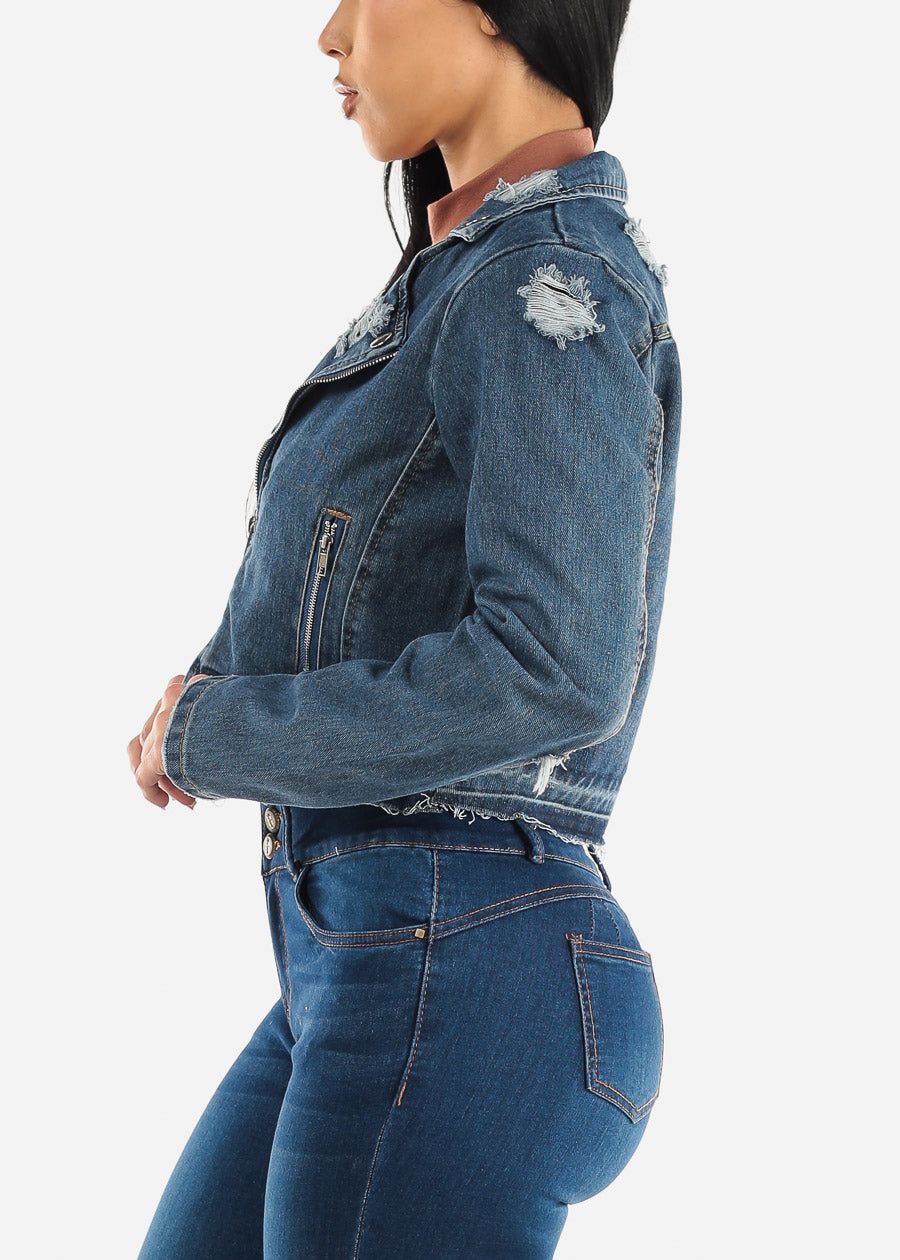 Distressed Zip Up Blue Moto Denim Jacket sold by Moda product image thumbnail 5
