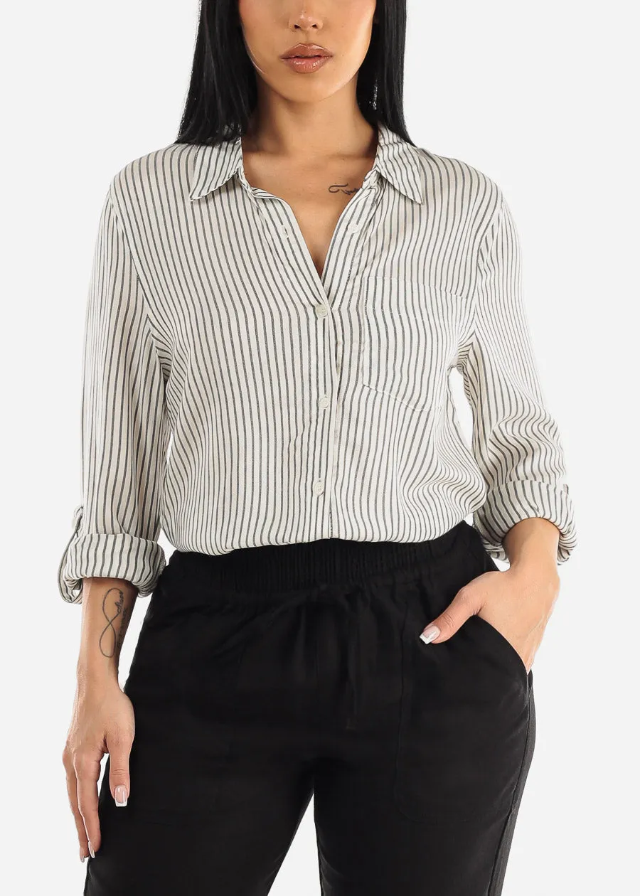Long Sleeve Button Up Woven Stripe Shirt Black & White sold by Moda