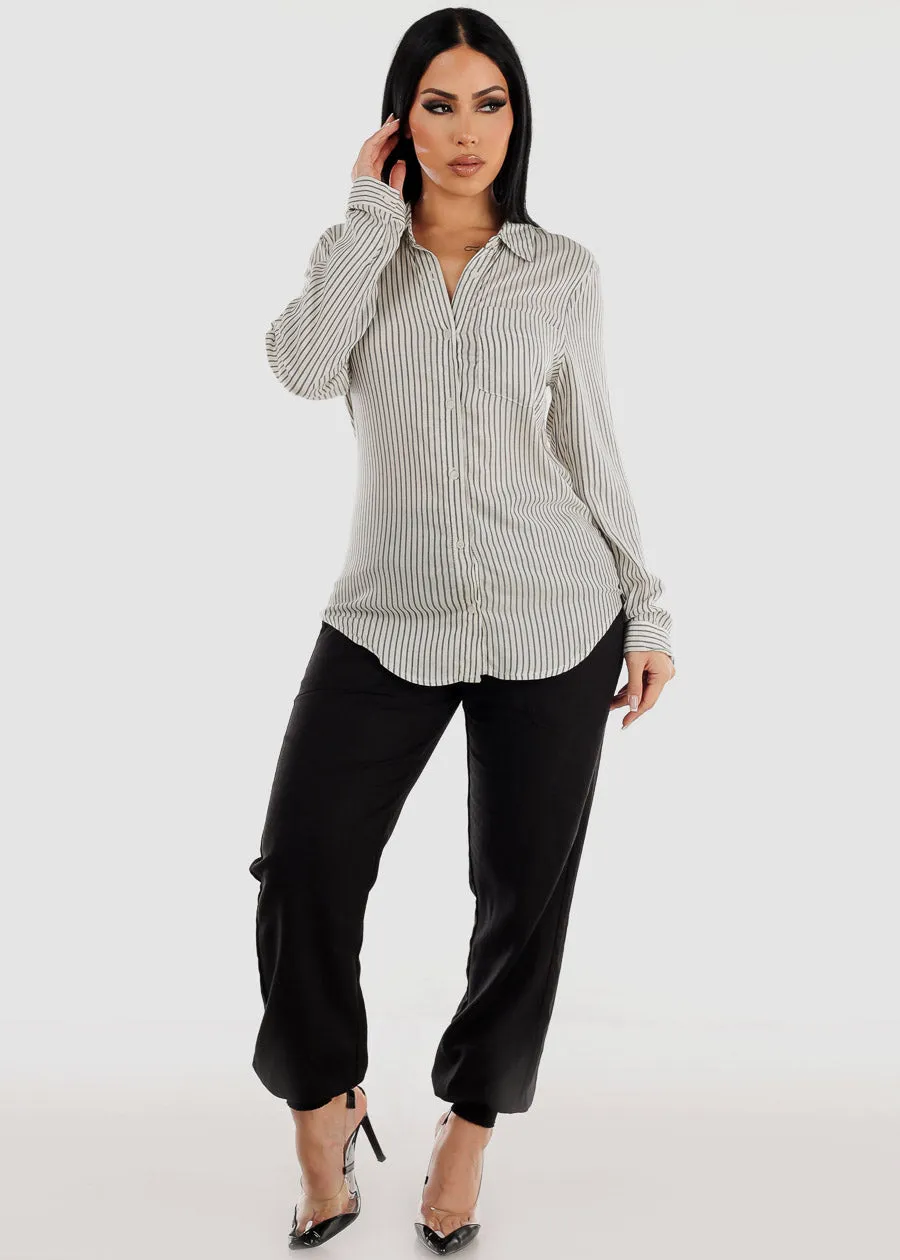 Long Sleeve Button Up Woven Stripe Shirt Black & White sold by Moda product image thumbnail 2