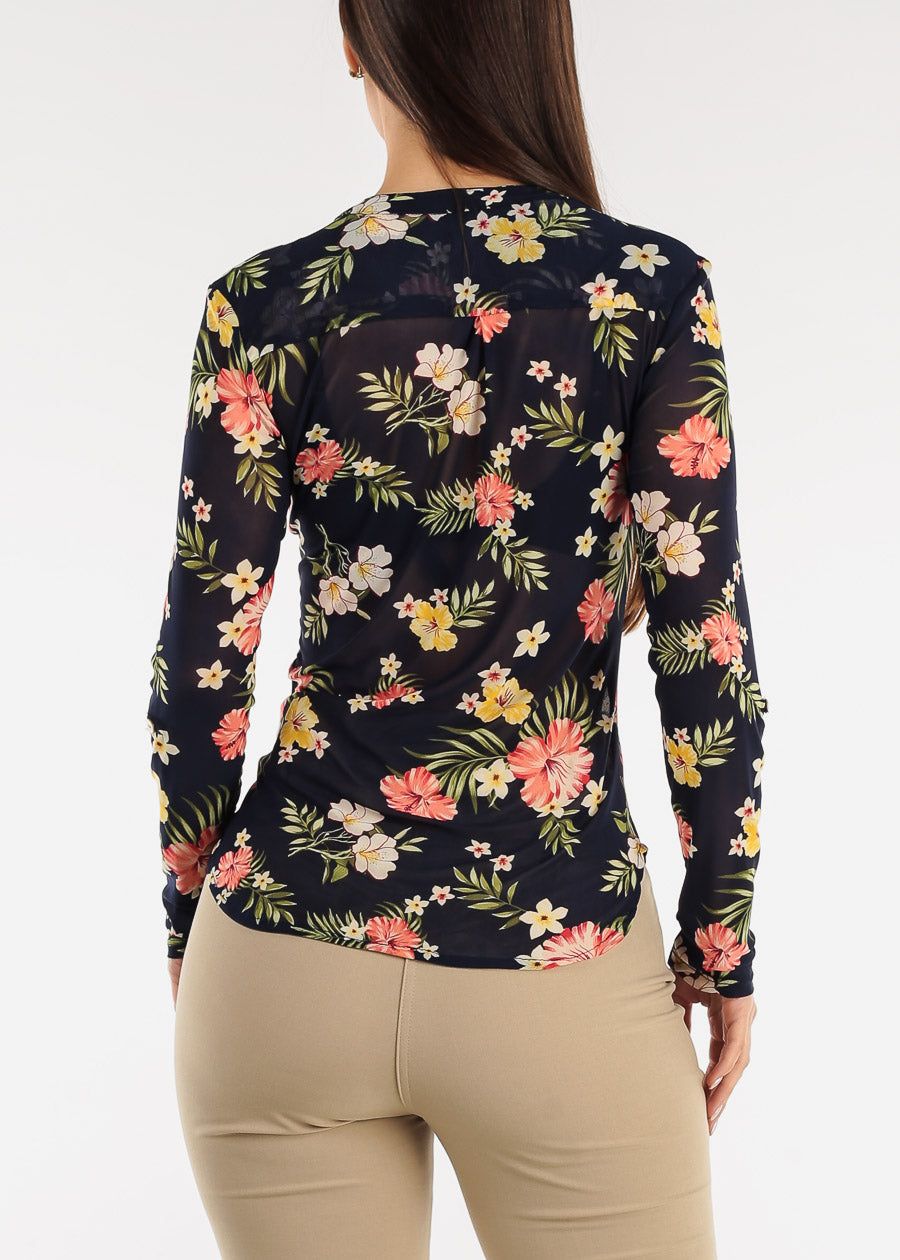 Long Sleeve Floral Mesh Half Button Blouse Navy sold by Moda product image thumbnail 4