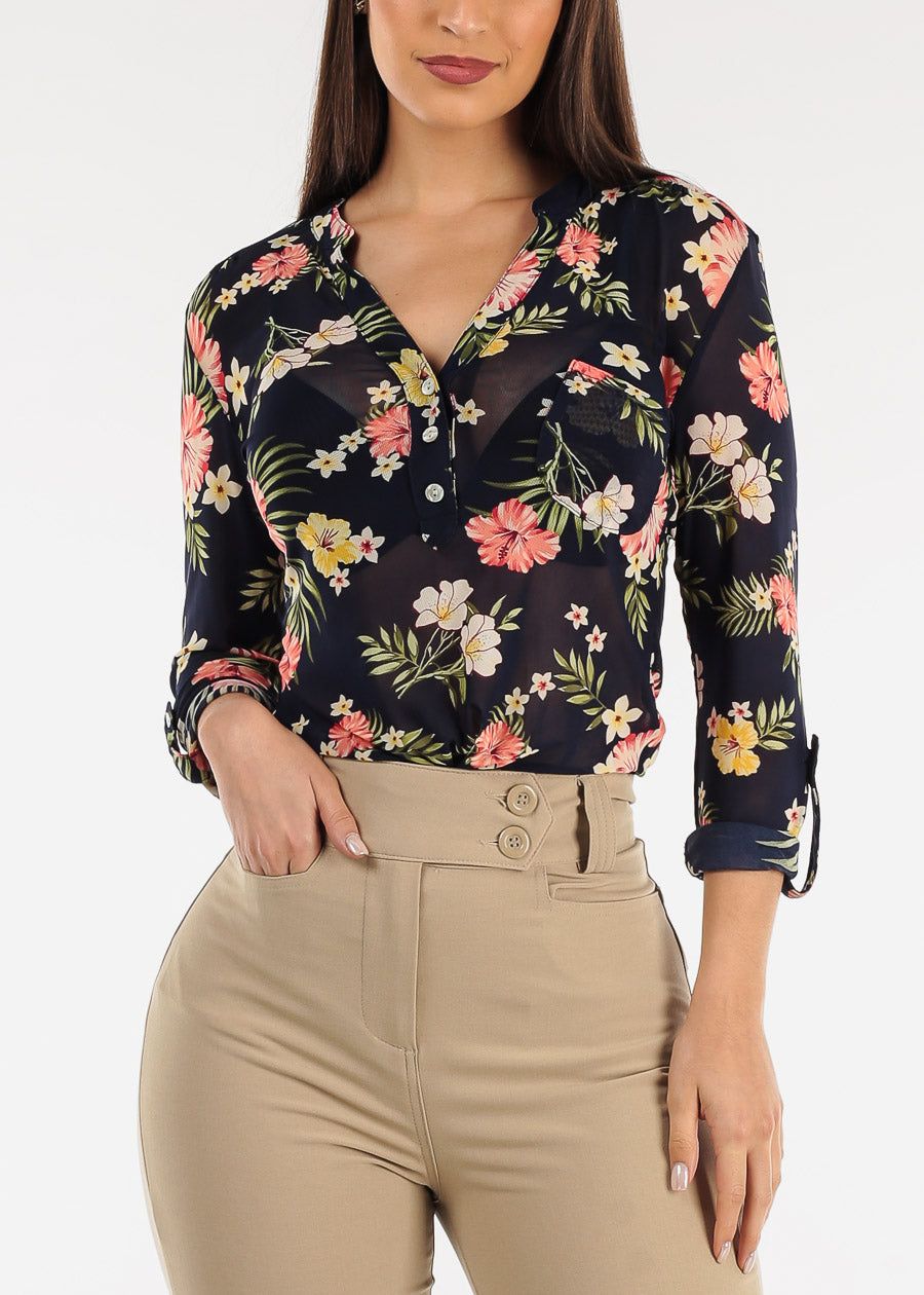 Long Sleeve Floral Mesh Half Button Blouse Navy sold by Moda
