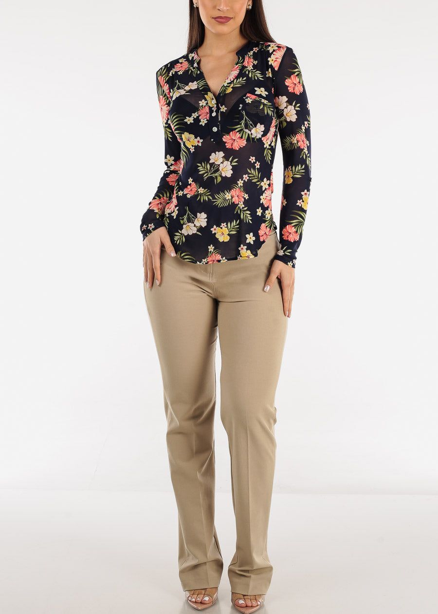 Long Sleeve Floral Mesh Half Button Blouse Navy sold by Moda product image thumbnail 2