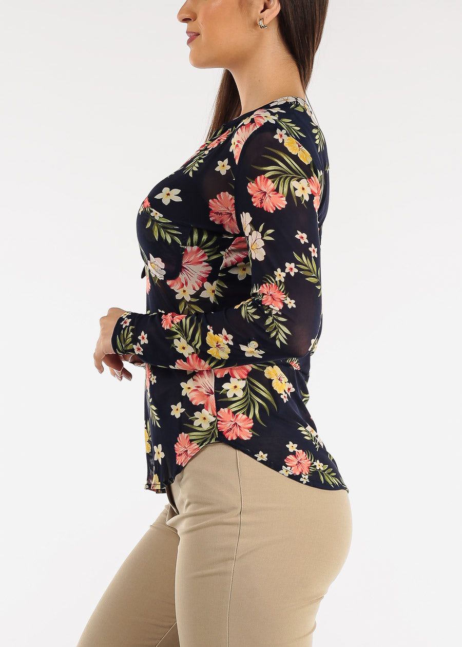 Long Sleeve Floral Mesh Half Button Blouse Navy sold by Moda product image thumbnail 3