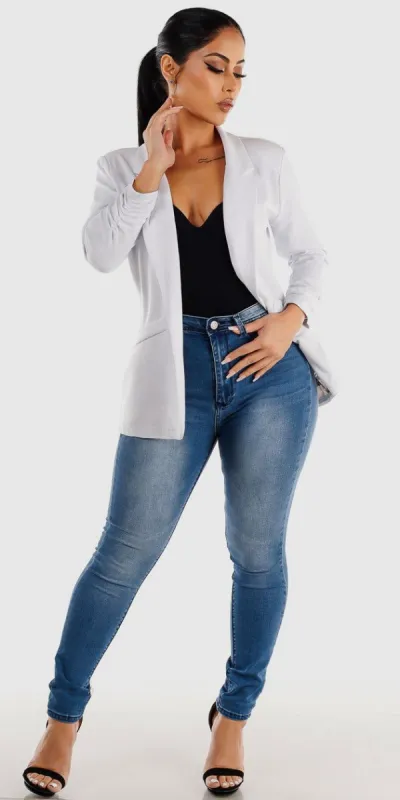 Med Blue High Waisted Skinny Jeans Black Sleeveless Bodysuit and White Quarter Sleeve Blazer sold by Moda
