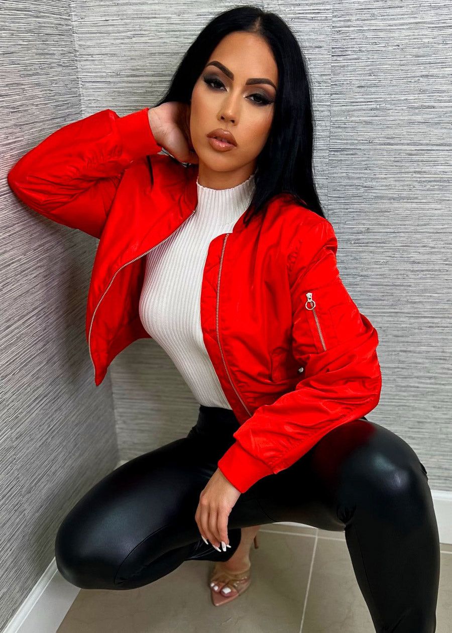 Long Sleeve Zip Up Bomber Jacket Red sold by Moda