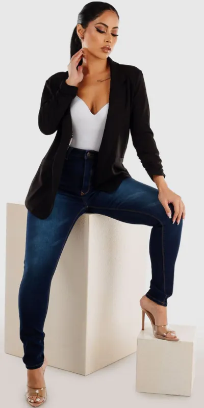High Waisted Dark Blue Skinny Jeans White Sleeveless Bodysuit and Black Quarter Sleeve Blazer made by Moda