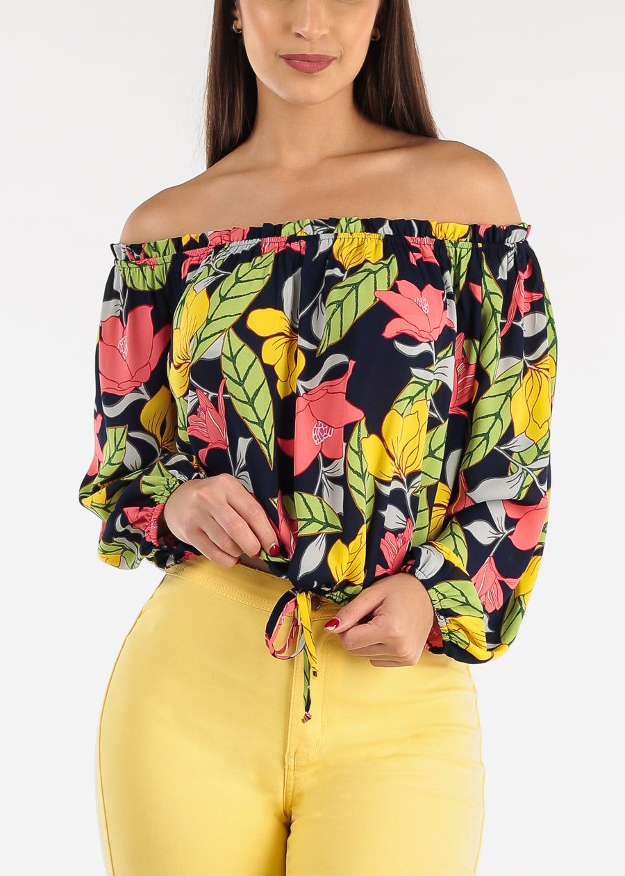Chiffon Off Shoulder Floral Top Navy w Elastic Waist sold by Moda