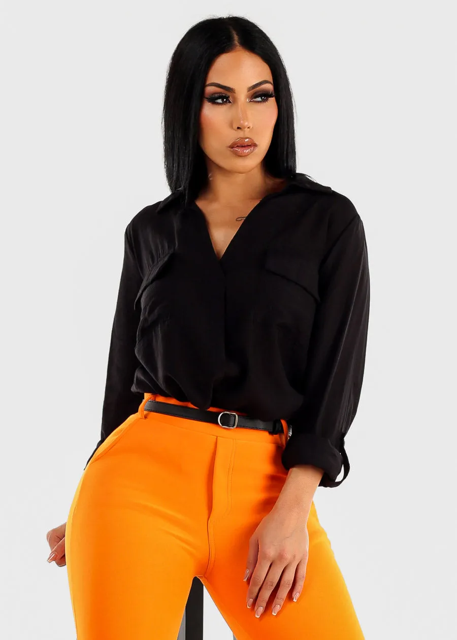 Black V-Neck Long Sleeve Loose Collared Shirt sold by Moda