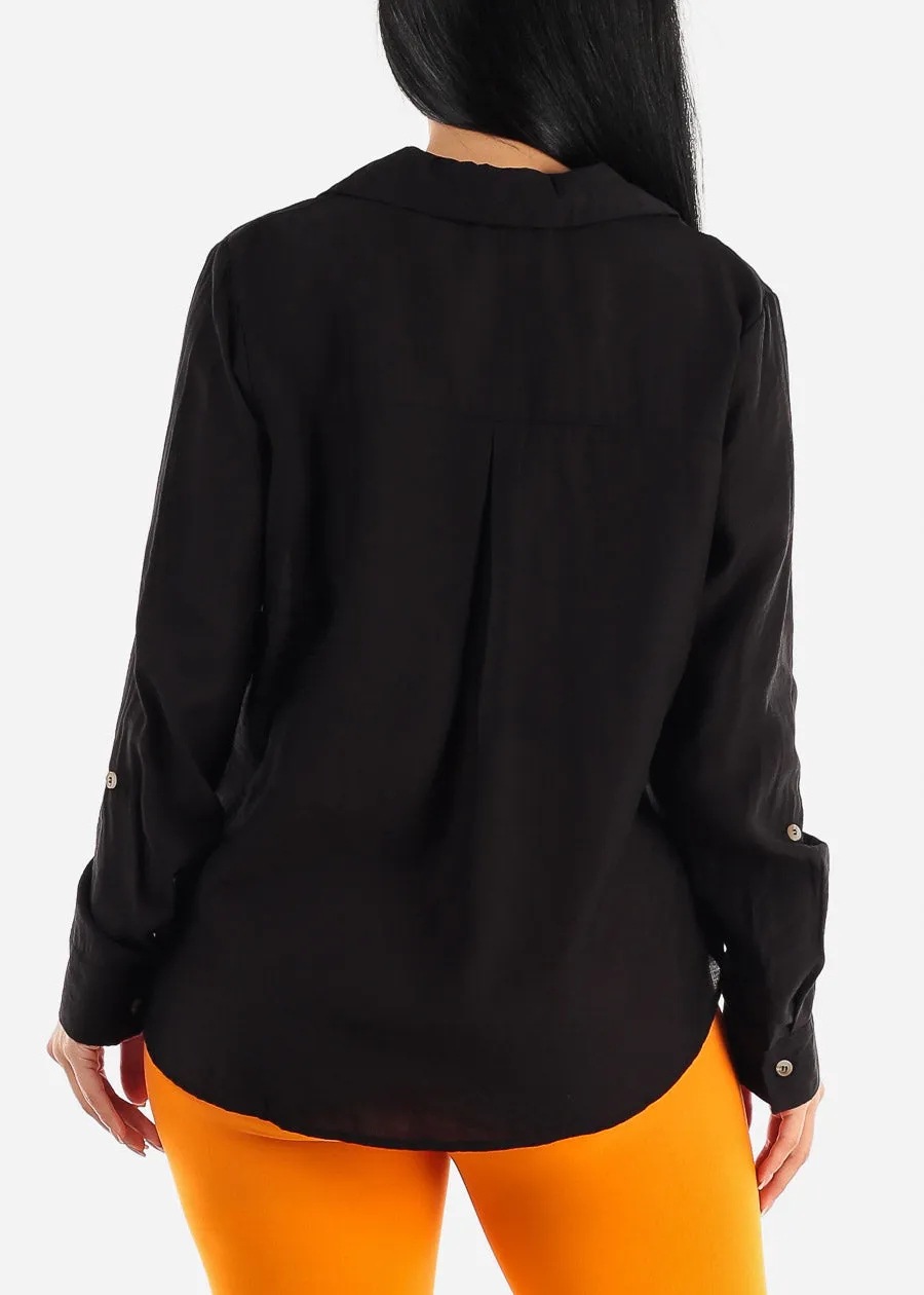 Black V-Neck Long Sleeve Loose Collared Shirt sold by Moda product image thumbnail 5