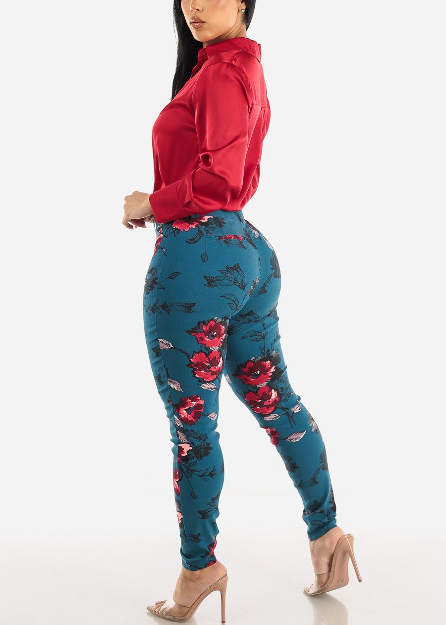 High Waist Floral Dressy Skinny Pants Teal sold by Moda product image thumbnail 5