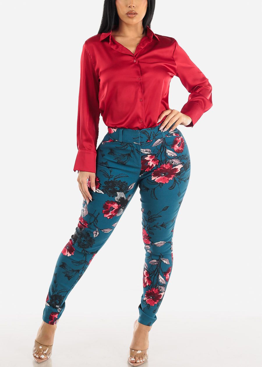 High Waist Floral Dressy Skinny Pants Teal sold by Moda product image thumbnail 2