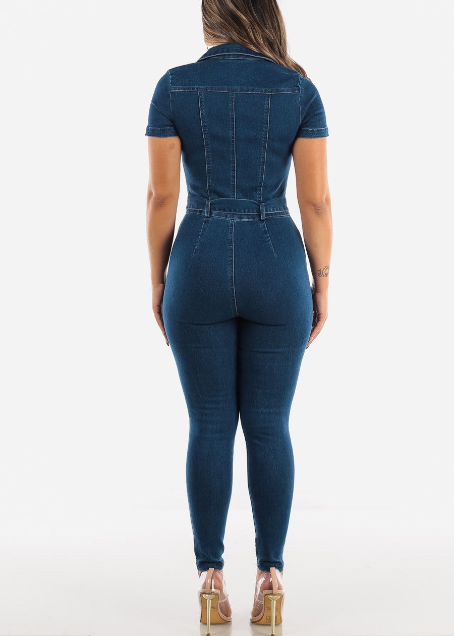 Short Sleeve Denim Jumpsuit Half Zip Up Dark Wash sold by Moda product image thumbnail 3