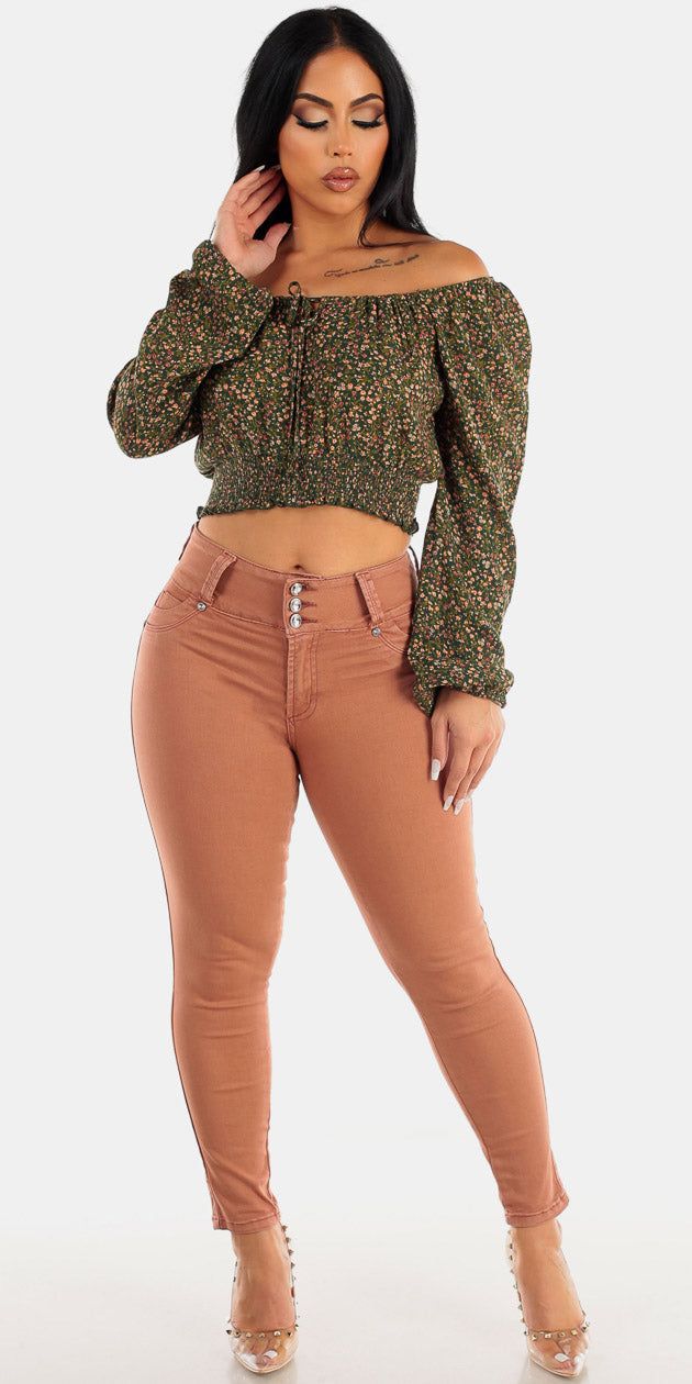 High Rise Blush Butt Lifting Skinny Jeans with Off Shoulder Smocked Waist Floral Crop Top sold by Moda