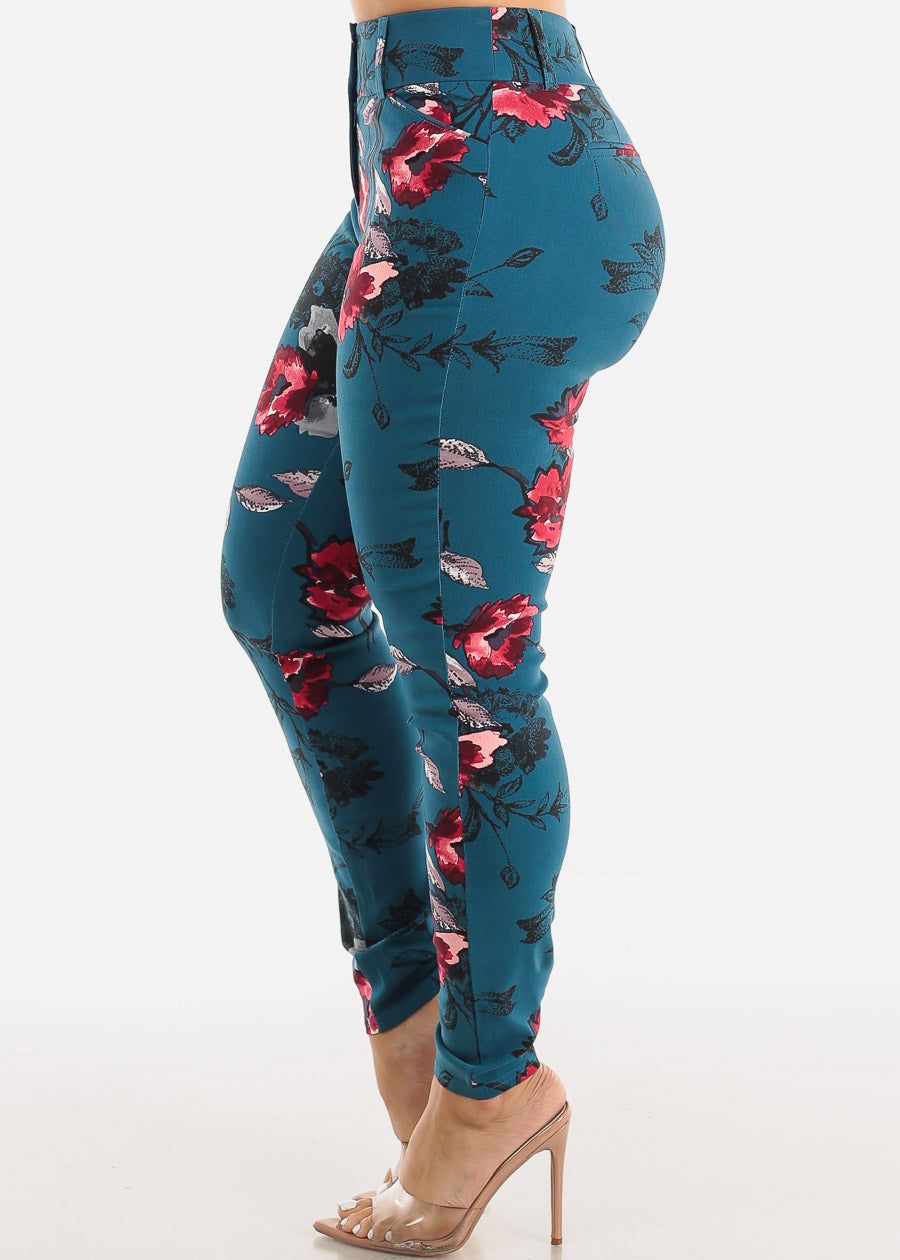 High Waist Floral Dressy Skinny Pants Teal sold by Moda product image thumbnail 3