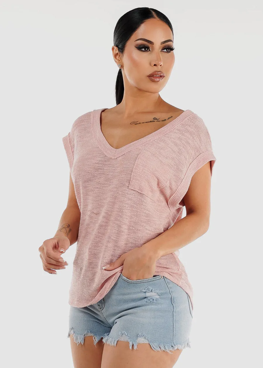 Short Sleeve Vneck Soft Knit Top Light Pink sold by Moda