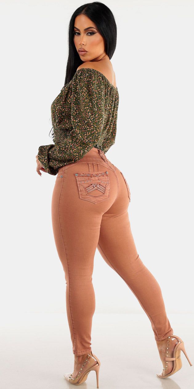 High Rise Blush Butt Lifting Skinny Jeans with Off Shoulder Smocked Waist Floral Crop Top sold by Moda product image thumbnail 2