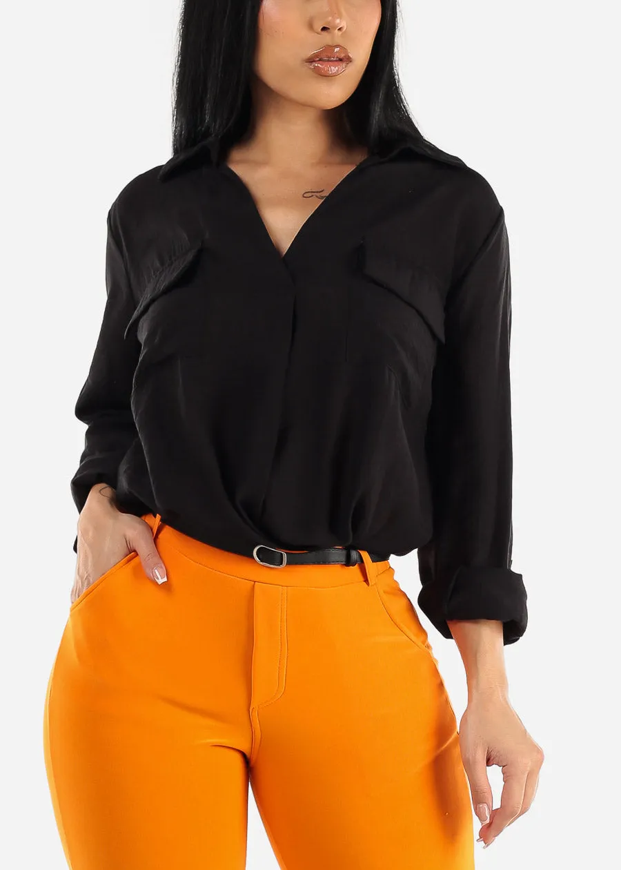 Black V-Neck Long Sleeve Loose Collared Shirt sold by Moda product image thumbnail 3