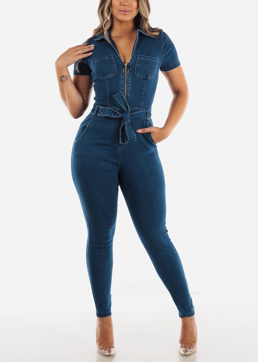 Short Sleeve Denim Jumpsuit Half Zip Up Dark Wash sold by Moda