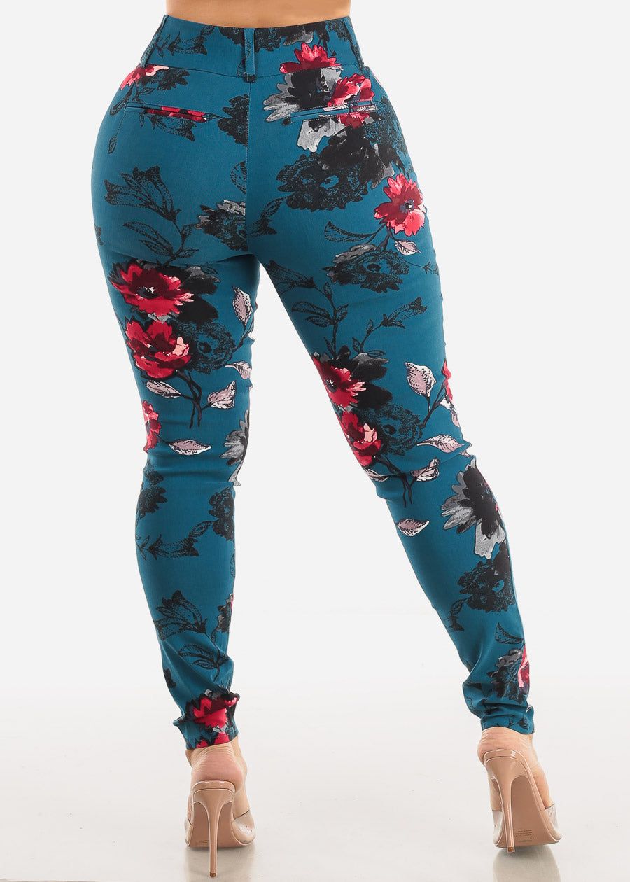 High Waist Floral Dressy Skinny Pants Teal sold by Moda product image thumbnail 4