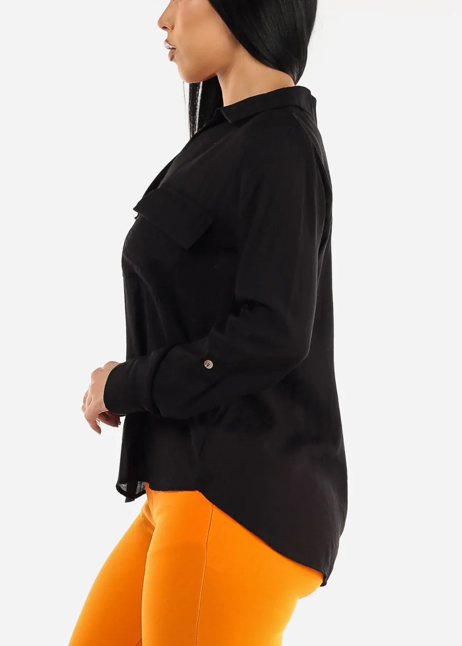 Black V-Neck Long Sleeve Loose Collared Shirt sold by Moda product image thumbnail 4