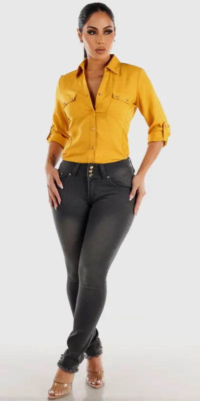 Mid Rise Grey Butt Lifting Skinny Jeans with Mustard Quarter Sleeve Button Up Shirt sold by Moda
