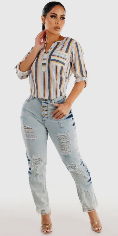 Button Up Distressed Acid Wash Straight Jeans with Quarter Sleeve Vneck Stripe Blouse sold by Moda