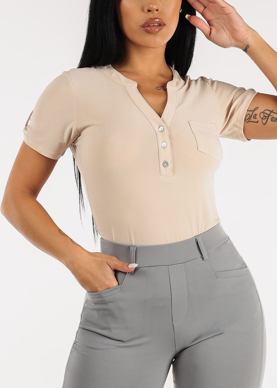 Short Sleeve Half Button Up Blouse Beige sold by Moda