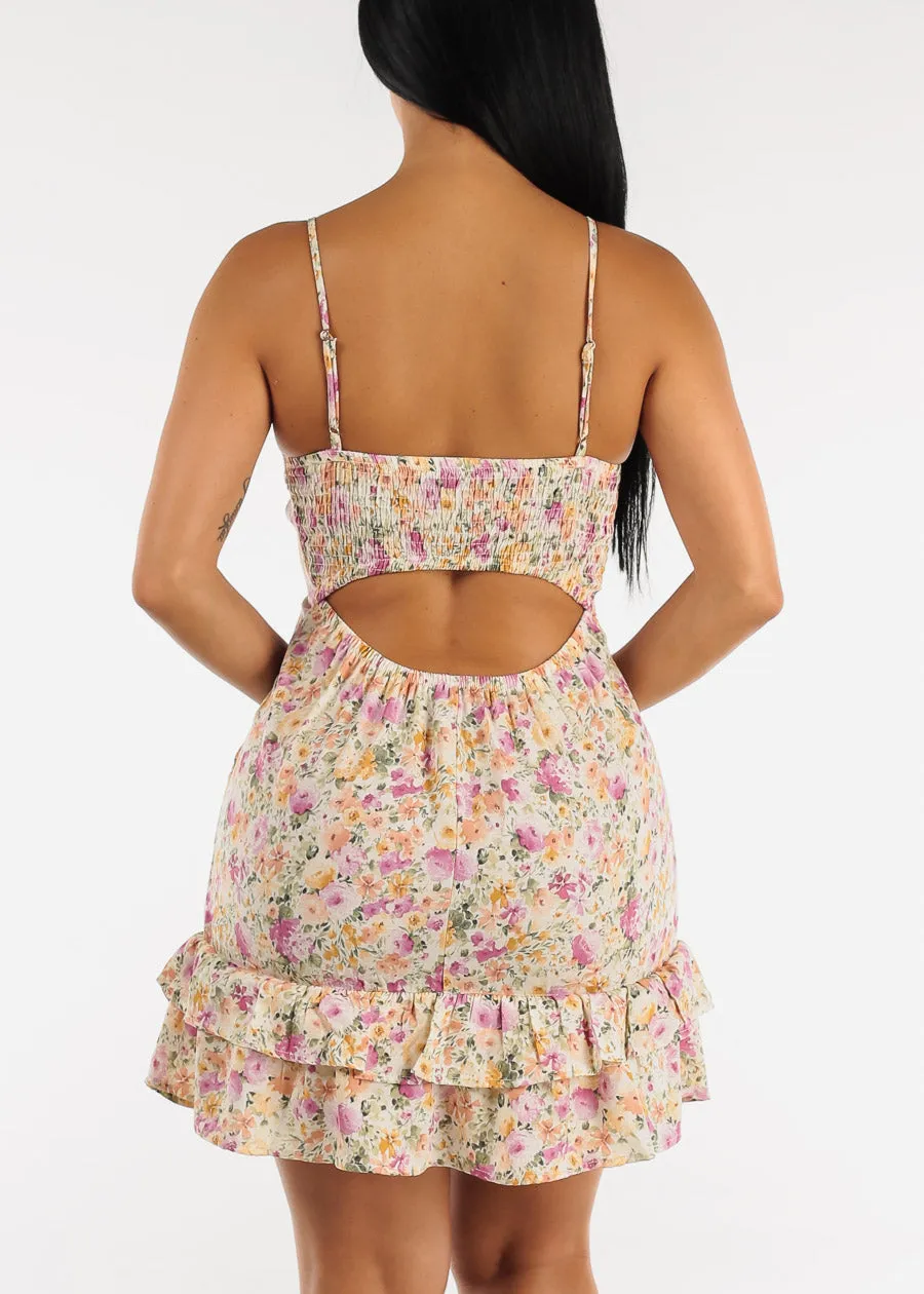 Sleeveless Floral Ruched Smocking Mini Dress Cream w Open Back sold by Moda product image thumbnail 4